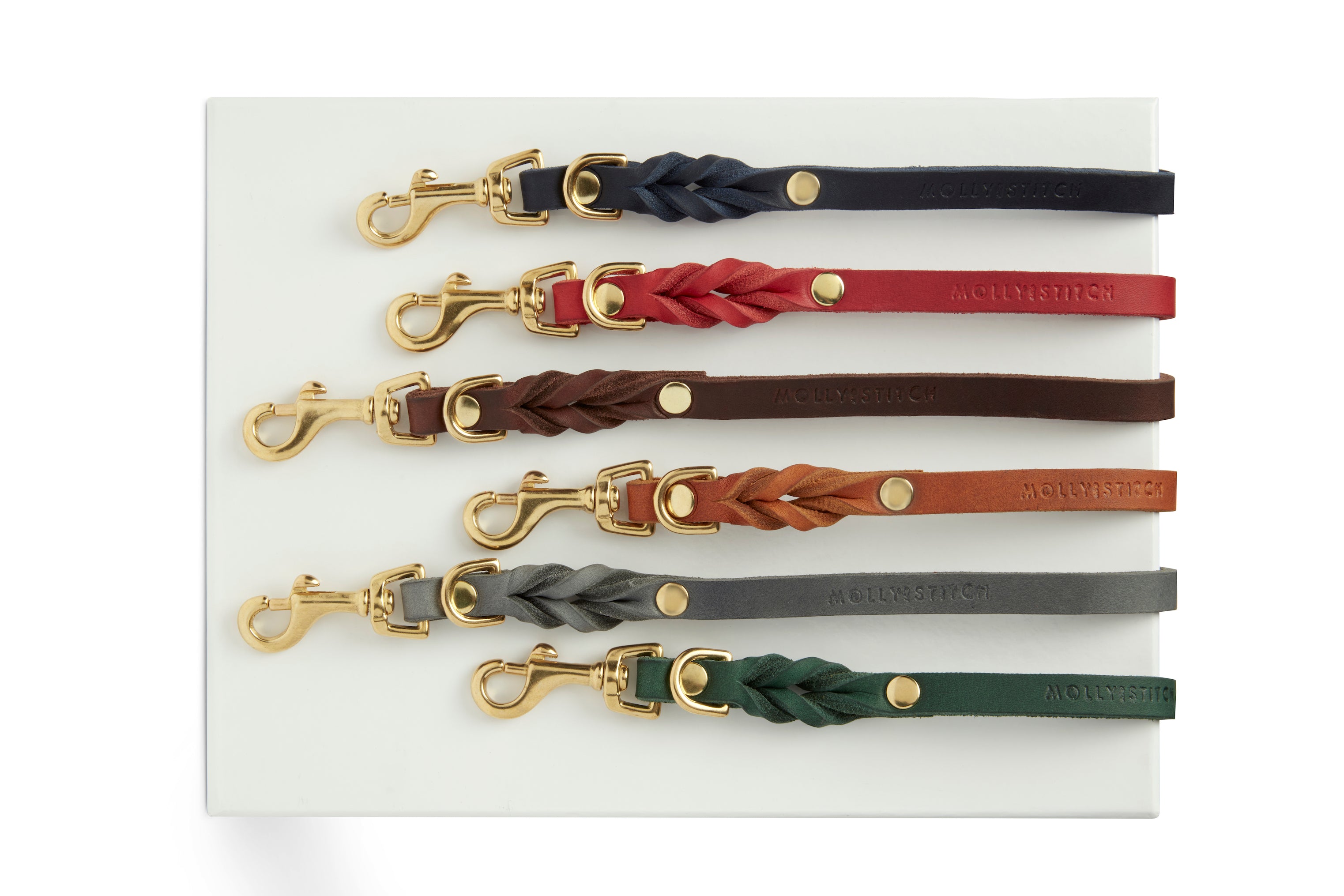 Different colors and sizes of Molly and Stitch premium handmade leashes